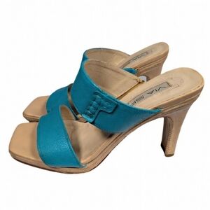 Vintage Via Spiga Teal Square Toe Block Heel Mules Vacation Shoes